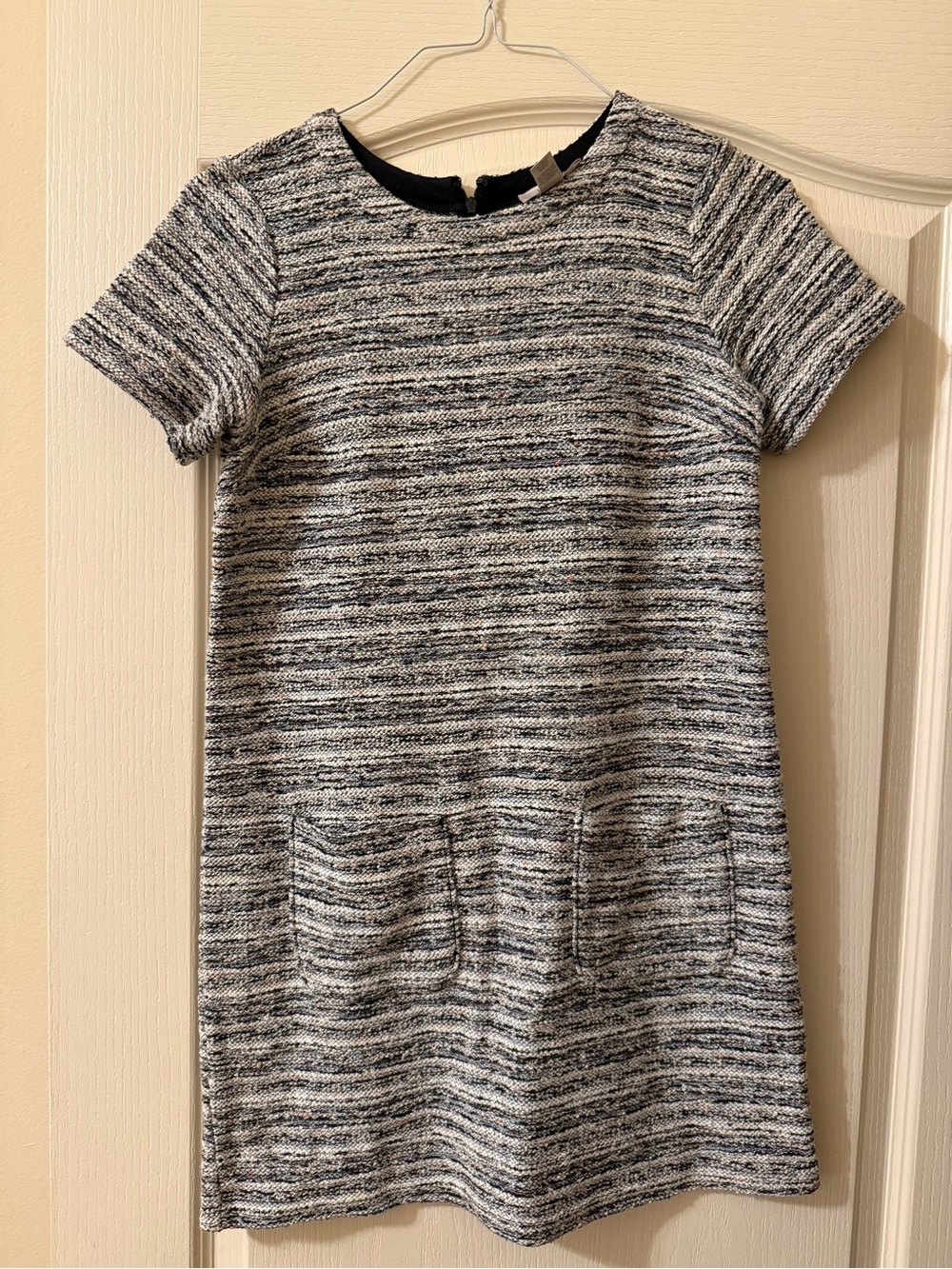 LOFT Petite Black and White Textured Knit Dress with Front Pockets